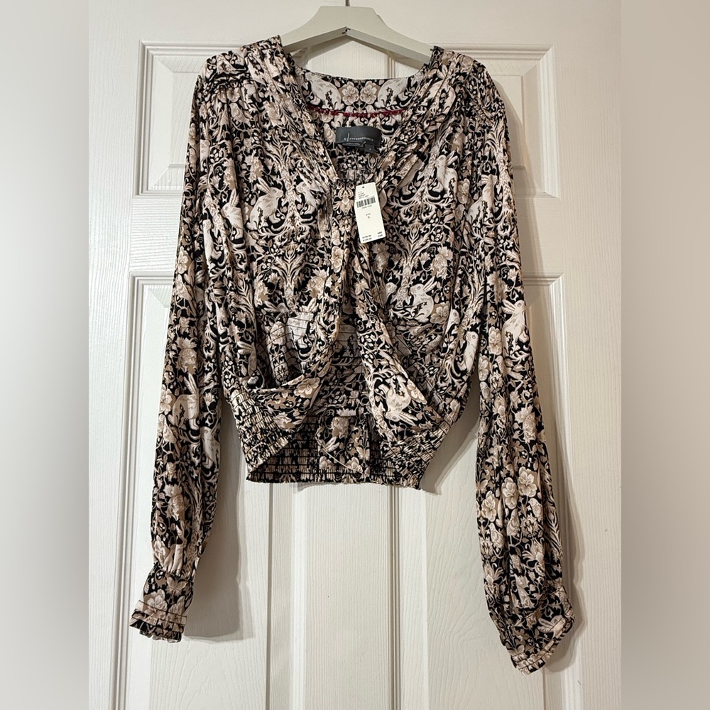 NWT Anthropologie Women's Blouse Tie Front Rabbit Print Smocked Size Small